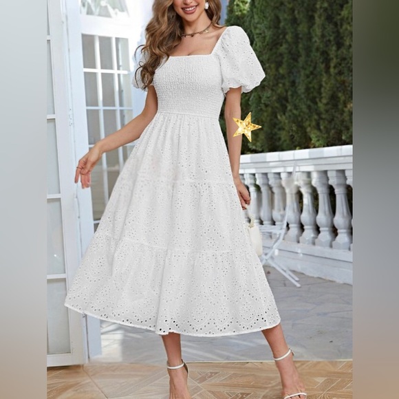 Luxe white lace puff sleeve shirred maxi dress - Picture 1 of 6